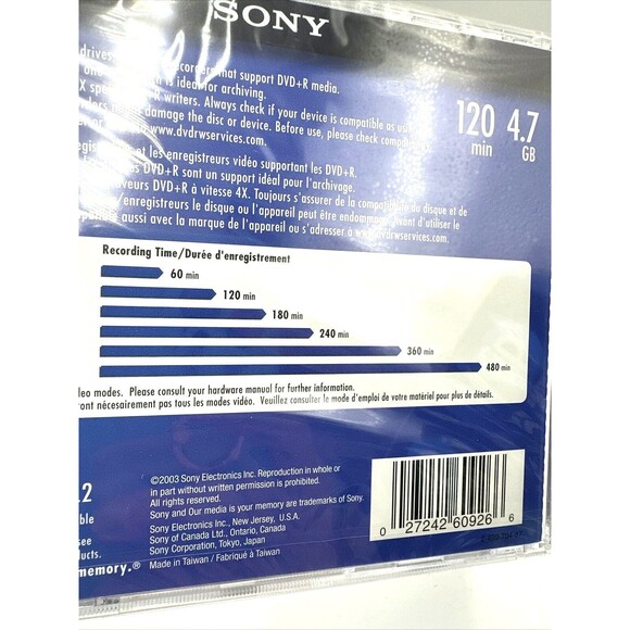Sony Recordable DVD+R Disc 120 Minutes 4.7GB One (1) - NEW SEALED - Picture 3 of 3